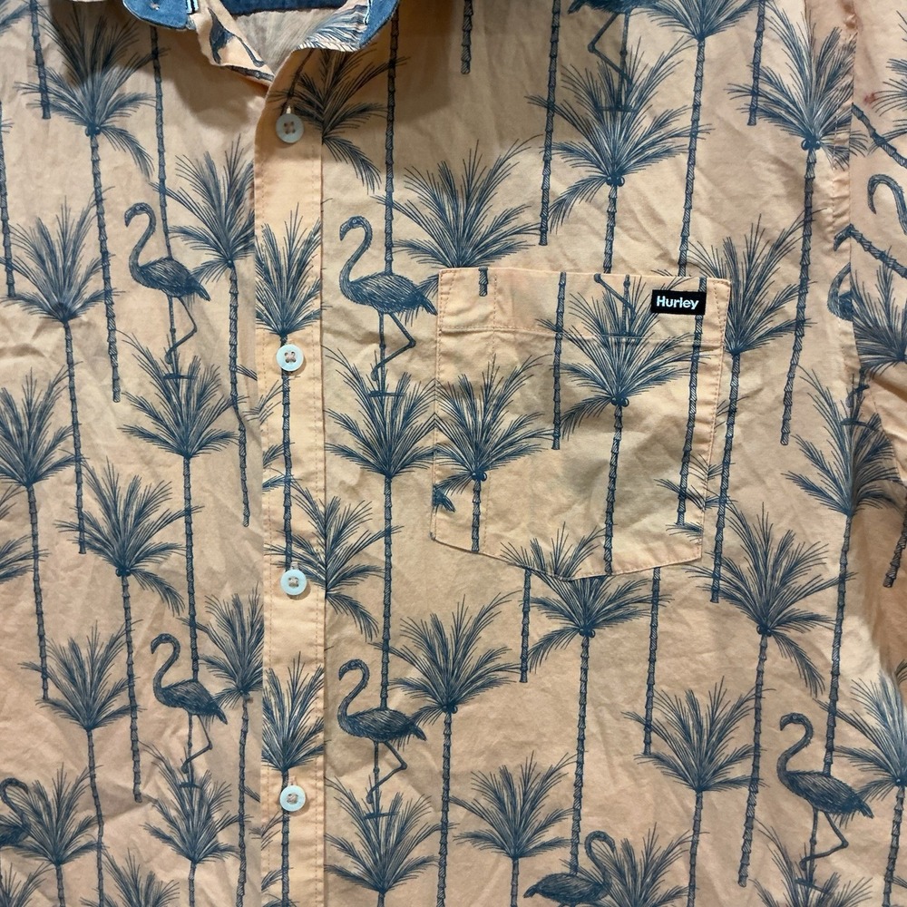 Hurley Shirt Mens XL Orange Peach Tropical Aloha Hawaiian Flamingo Button Up - Picture 3 of 5